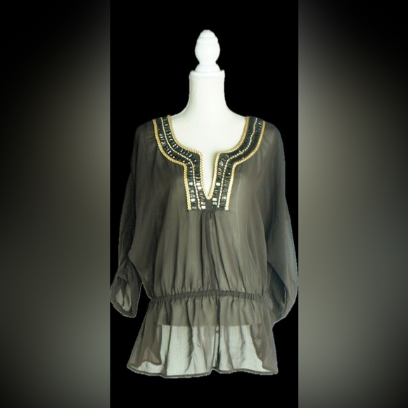 Adrienne Vittadini | New Brown Embellished 3/4 Sleeve Blouse - Picture 2 of 13